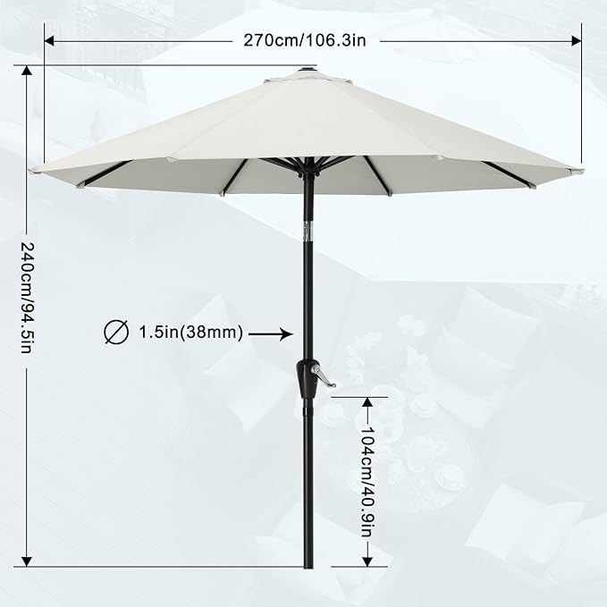 MASTERCANOPY 9FT Patio Umbrella with Push Button Tilt and Crank, Outdoor Market Umbrella with 8 Sturdy Ribs, UV Protection & Waterproof for Garden, Deck, Backyard, Pool (Light Beige)