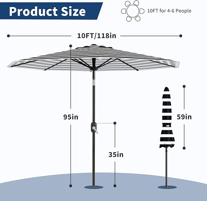 GarveeLife 10FT Patio Umbrella Outdoor, Table Umbrella with Push Button Tilt and Crank, 8 Sturdy Ribs UV Protection Waterproof for Garden, Pool, Market, Deck (Black & White Stripe)