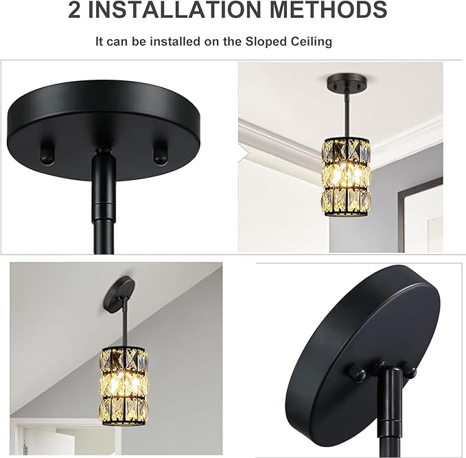 CALDION Black Crystal Pendant Light, 2Pack Modern Pendant Lights, Mini Crystal Chandelier Adjustable Hanging Ceiling Light Fixtures for Kitchen Island Dining Room Bedroom Hallway Bar Entryway