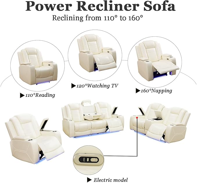 A Ainehome Power Leather Recliner Sofa Set with LED Lights, Recliner Sofa Sectional Couches for Living Room, Reclining Sofa and loveseat with USB Port/Storage Console(Creamy White,3-Piece Set)