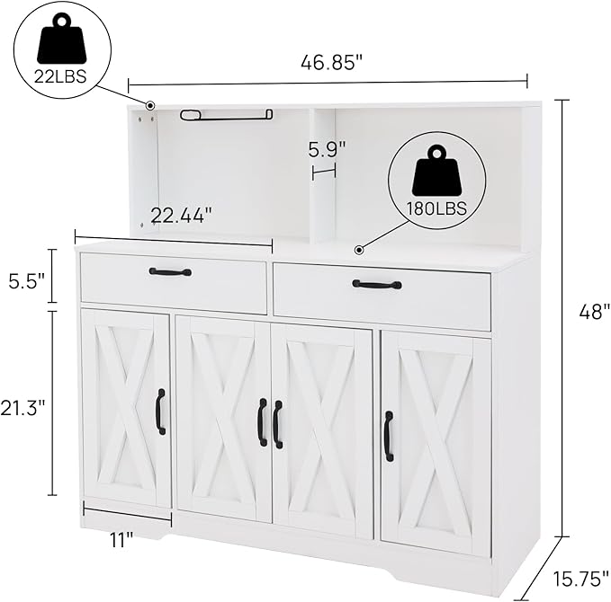 Sideboard Buffet Cabinet with Storage, 47'' Farmhouse Coffee Bar Cabinet, Kitchen Pantry Storage Cabinet with Doors and Shelves for Dining Room, Living Room, Kitchen, White