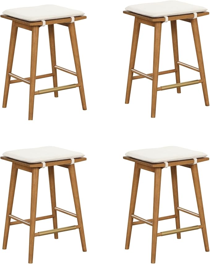 Nathan James Barker Counter Height Solid Wood Barstool with Upholstered Cushion, Backless Island Stool with Rubberwood Legs and Natural Textured Linen Upholstery for Kitchen, Brown/White, Set of 4