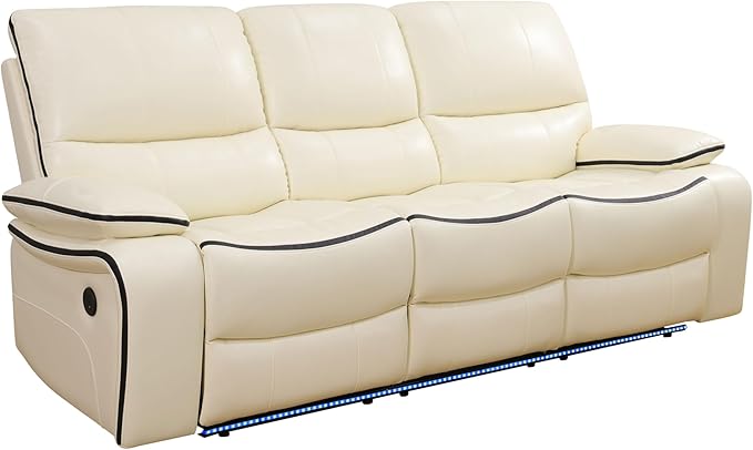 Power Recliner Sofa for Living Room, Air Leather Reclining Sofa 3 Seat with Flip-Down Middle Backrest, LED Lighting, USB Charging Port (Off White)