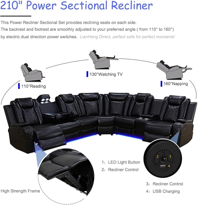 Power Sectional Sofa, Power Recliner Sofa Set for Living Room, Leather Reclining Sectional, Black 3PCS Recliner Couch Loveseat Sets with LED, USB Charging, Cup Holders, Storage for Home/Office
