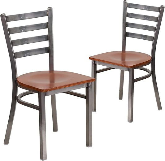Flash Furniture 2 Pk. HERCULES Series Clear Coated Ladder Back Metal Restaurant Chair - Cherry Wood Seat