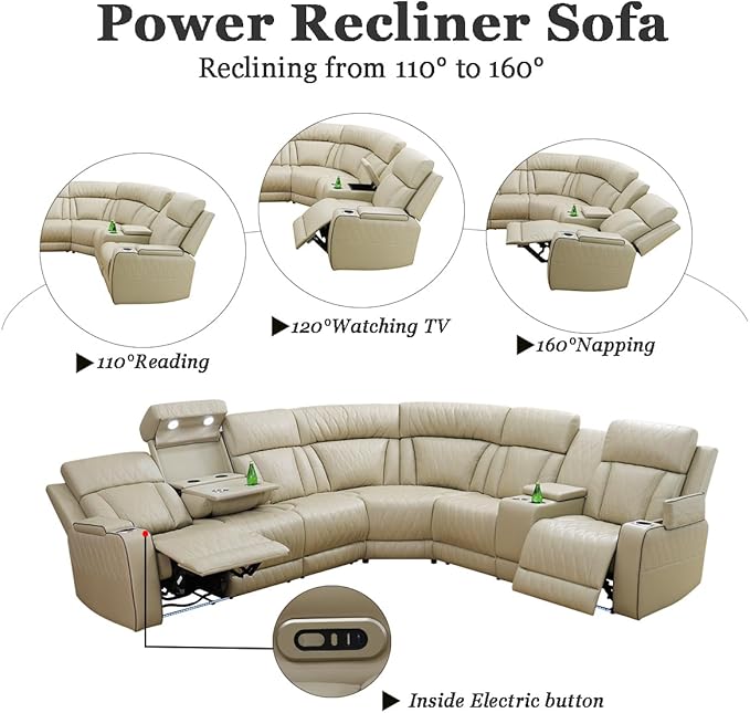 A Ainehome Reclining Sectional Sofa Set with USB Chargers, Leather Living Room Set, L Shaped Recliner Couch with 4 Recliner Seats/Storage Console for Living Room/Office/Home Theather(C-Beige)
