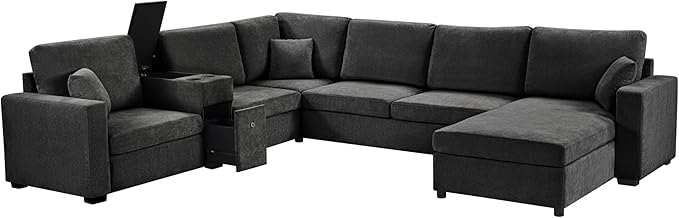 Merax Modern 134" Oversized Sectional Sofa with Piollows & Chaise Lounge, Chenille U‑Shaped Couch Set Sleeper Bed Built‑in Cup Holders, Storage Drawer for Living Room, Free Combination Black
