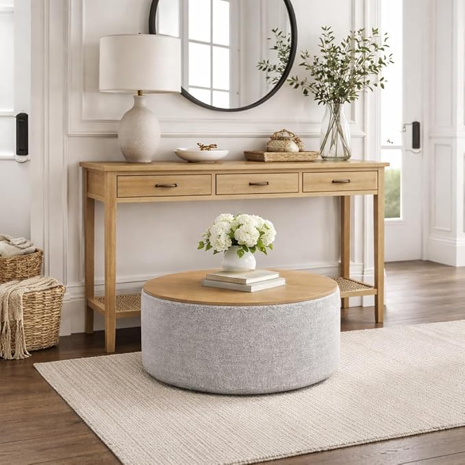 HomePop Modern Fabric Storage Ottoman with Wood Grain Laminate Top -White Cream Boucle with Gray Yarn