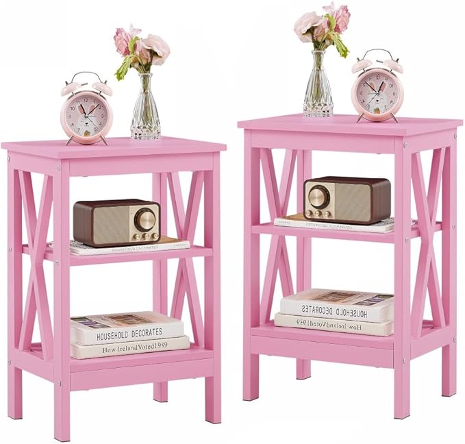 VECELO End Table Set of 2, Bedside Table, 24" Tall Living Room End Tables, X-Design Reinforced Nightstands, Side Table with 3-Tier Storage Shelves for Small Spaces, Office, Bathroom, Bedroom, Pink