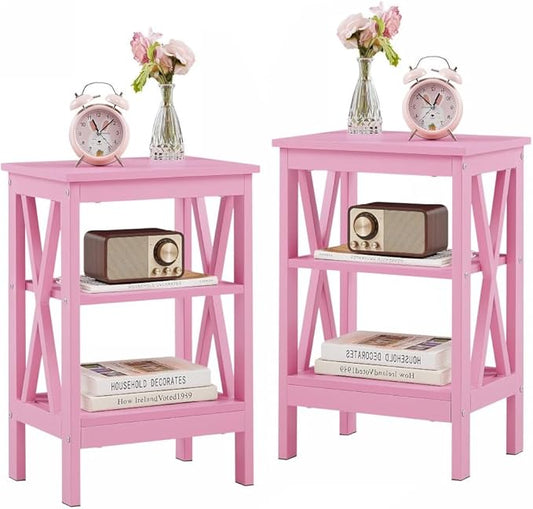 VECELO End Table Set of 2, Bedside Table, 24" Tall Living Room End Tables, X-Design Reinforced Nightstands, Side Table with 3-Tier Storage Shelves for Small Spaces, Office, Bathroom, Bedroom, Pink