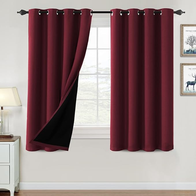 H.VERSAILTEX 100% Blackout Curtains for Bedroom Thermal Insulated Blackout Curtains 54 inch Length Heat and Full Light Blocking Curtains for Living Room with Black Liner 2 Panels Set, Burgundy
