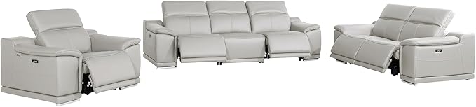 BlackJack Furniture Venice Top Grain Italian Leather Recliner 6 Seater 5 Power 3 Piece Sofa Set with Adjustable Headrests Modern Seating Sofa, Loveseat and Chair for Living Room Lounge, Light Grey
