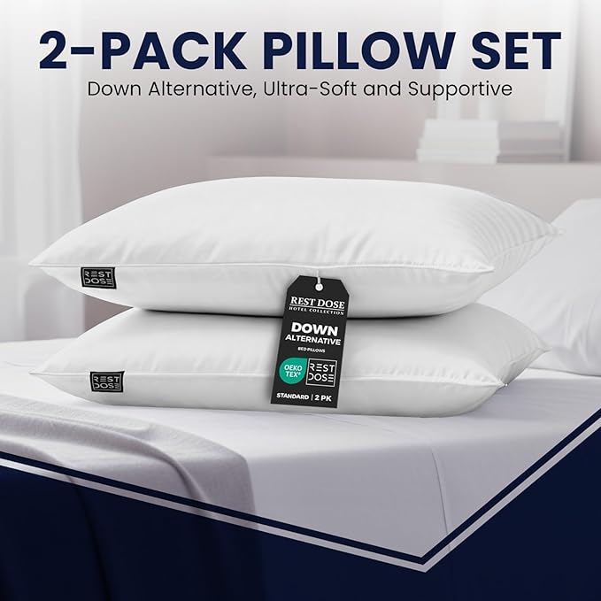 Bed Pillows for Sleeping, Set of 2 – Cooling, Hotel Quality with Soft Down Alternative Fill for Back, Stomach & Side Sleepers | White Microfiber Standard