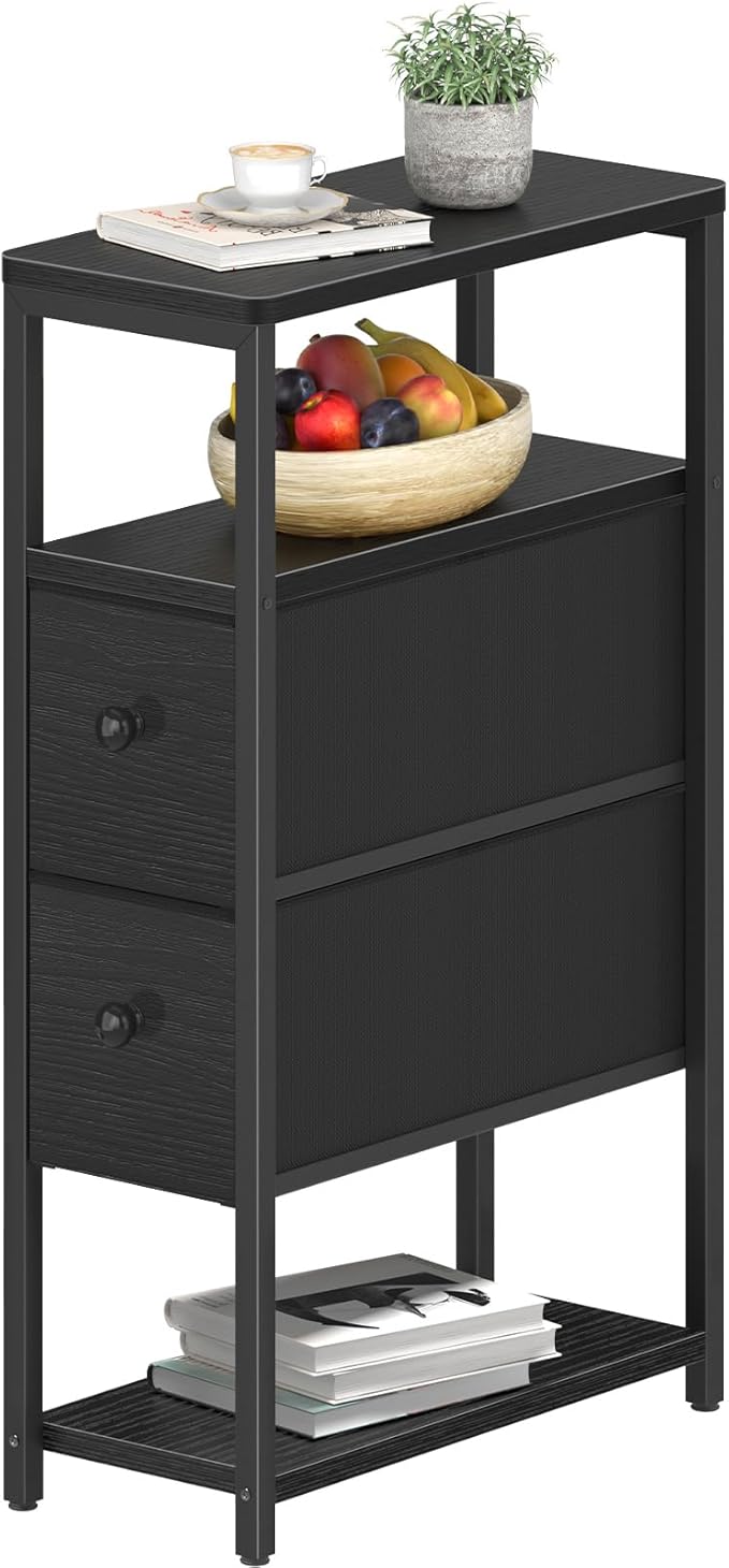 Narrow Nightstand Side Table - Skinny Night Stand for Small Space Bedroom Slim Bedsides Tables with 2 Drawers, Black