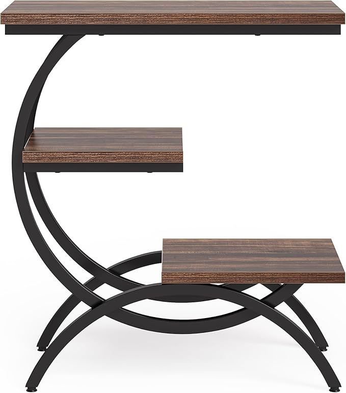 LITTLE TREE End Table, Narrow End Table with 3 Storage Shelves, Industrial C-Shaped Small Sofa Side Table for Living Room, Wood Slim Snack Table with Black Metal Frame, Rustic Brown