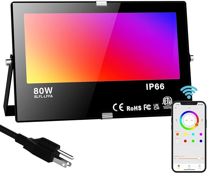LED Flood Light Outdoor, 800W Equivalent 8000LM Smart RGB Stage Lights, Bluetooth RGB Colors+Warm White 2700K - APP & Group Control & Timing,IP66 Waterproof US 3-Plug Color Changing Strobe Lighting