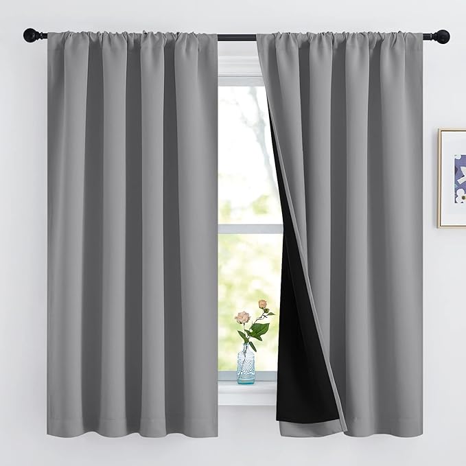 NICETOWN 100% Blackout Curtains 63 inches Long, Soft Thermal Insulated Rod Pocket 2-Layer Lined Drapes, Energy Efficiency Window Draperies for Bedroom (Silver Grey, 2 Panels, 52-inch W)