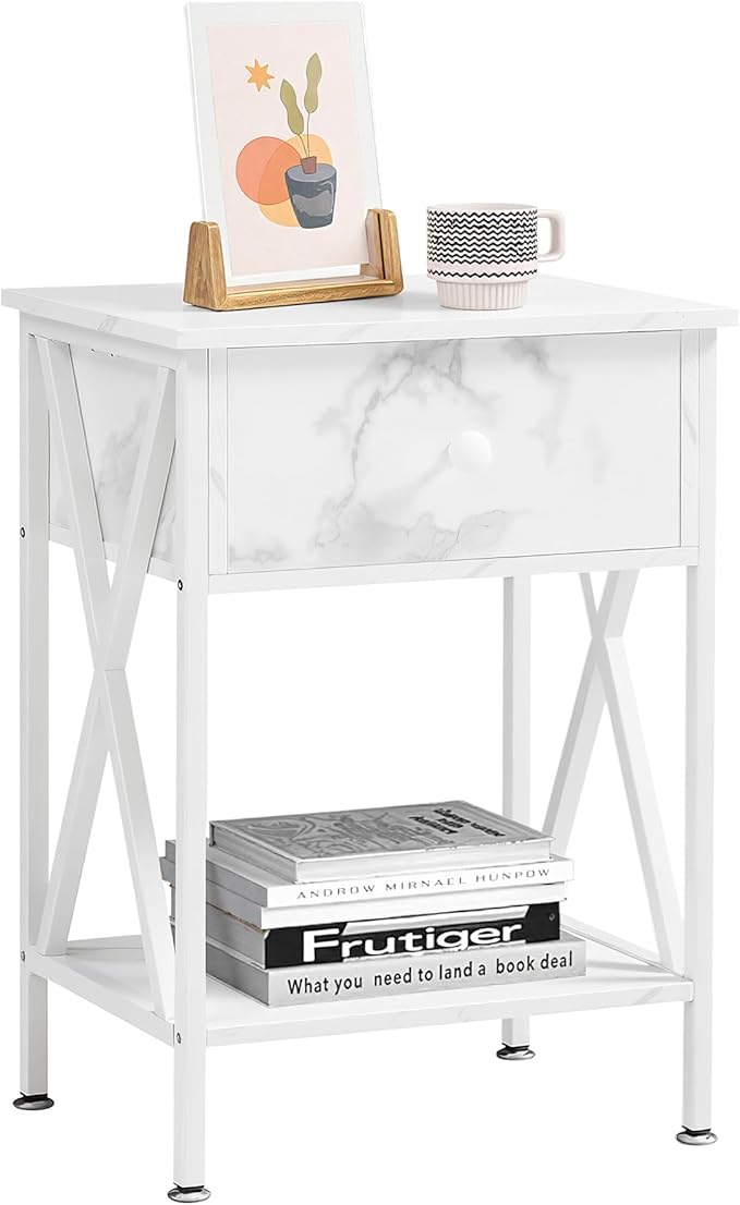 VECELO Night Stand with Drawer, 2 Tiers Storage Shelves End Table, Small Side Table for Small Spaces,Night Stand for Living Room, Bedroom, White