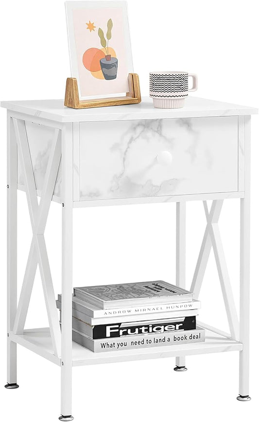 VECELO Night Stand with Drawer, 2 Tiers Storage Shelves End Table, Small Side Table for Small Spaces,Night Stand for Living Room, Bedroom, White