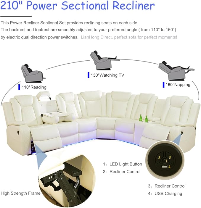 Power Recliner Sectional Sofa with LED for Living Room, Power Sectional Sofa with Chair Vanilla White, Reclining Corner Couch Set with Read Lights, USB Charging, Cup Holders for Home/Office