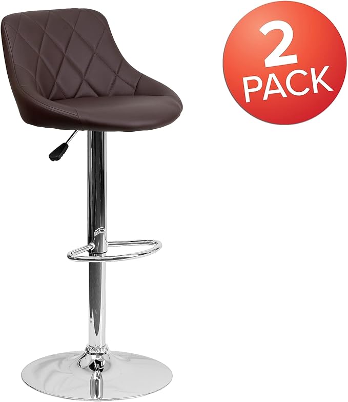 Flash Furniture Caldwell 2 Pack Contemporary Brown Vinyl Bucket Seat Adjustable Height Barstool with Diamond Pattern Back and Chrome Base