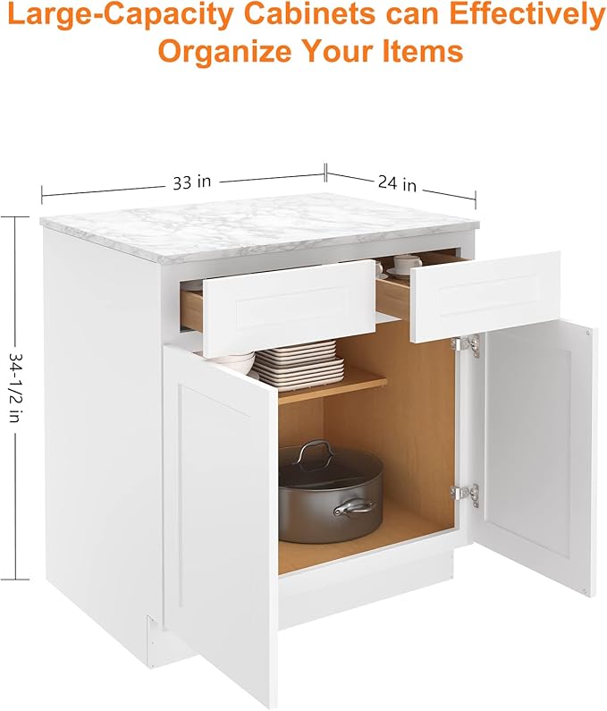 LOVMOR Kitchen Base Cabinets, Sideboard Storage Cabinet, Entryway Cabinet with 2-Drawers & Adjustable Shelf, 33" W X 24" D X 34-1/2"H