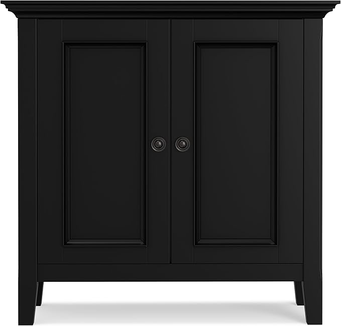 SIMPLIHOME Amherst 32-inch Wide Solid Wood Transitional-Style Low Storage Cabinet in Black for Living Room, Entryway, or Dining Area with Adjustable Shelves
