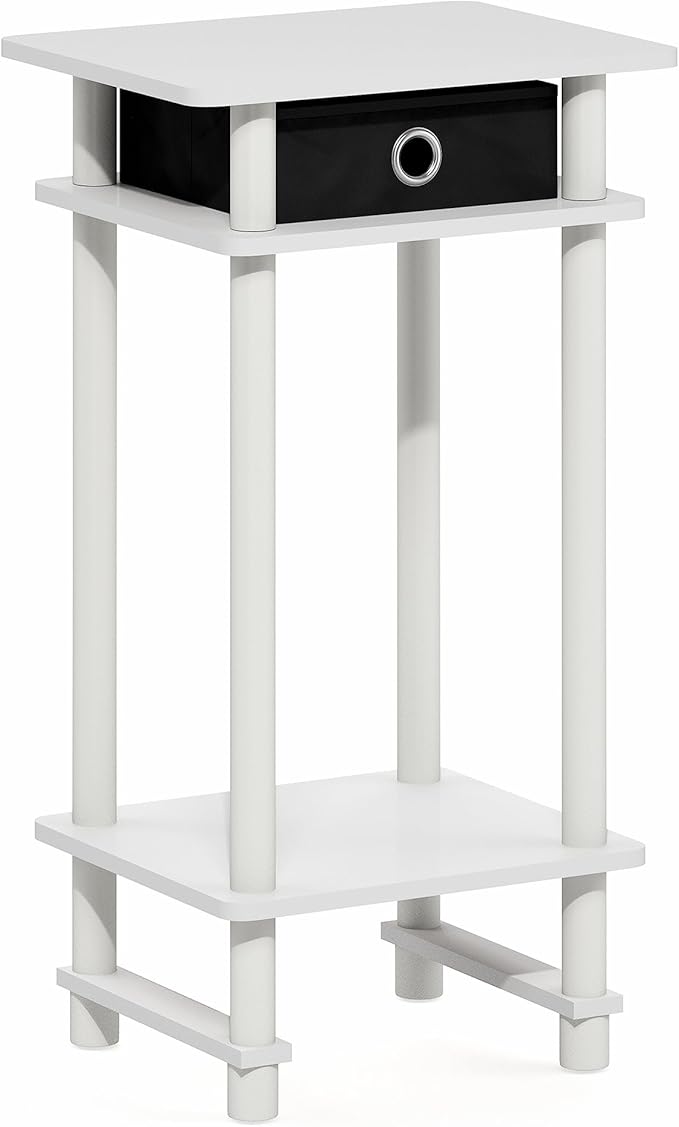 Furinno Turn-N-Tube Side Table, 3-Tier Tall Narrow Modern End Table with Storage Bin, Open Shelf Night Stand, Bedside Table, Toolless Assembly, for Living Room, Bedroom, White
