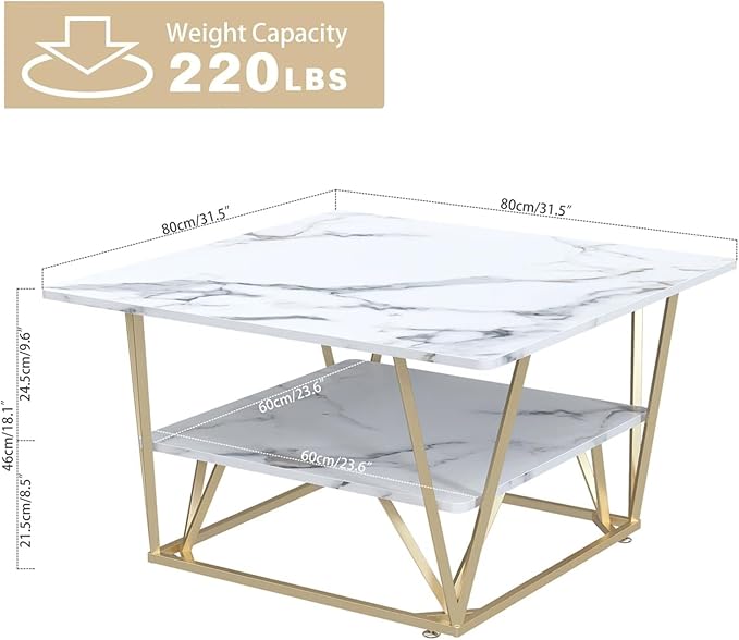 Elephance Square Coffee Table for Living Room, 31.5 Inch Modern Coffee Table with Storage, 2-Tier White and Gold, Wooden Tabletop-Marble White with Gold Frame
