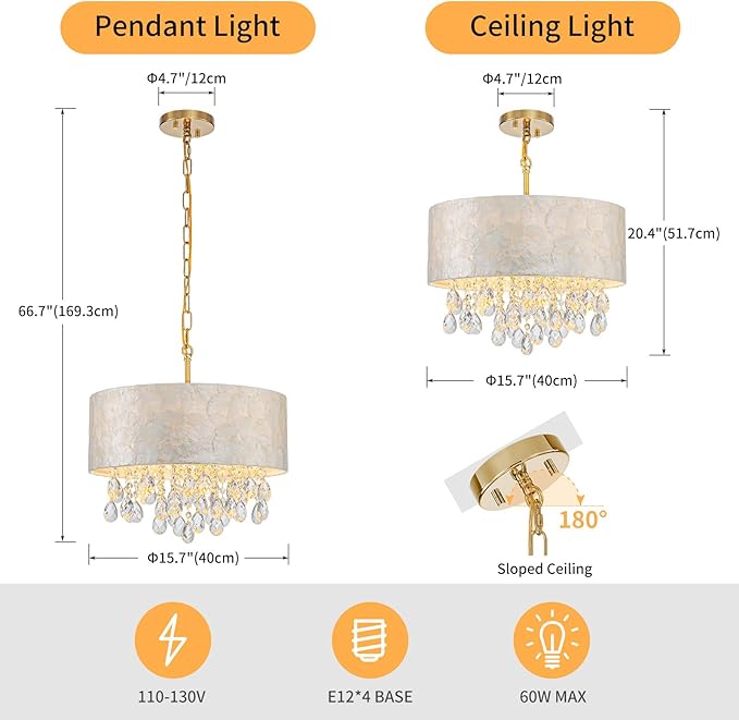 Medium Size 4-Light Drum Capiz Shell Crystal Chandeliers, Coastal Style Pendant Light Fixture for Dining Room, Living Room, D16 x 20~67"(Adjustable), Shell Lampshade & Gold Finish