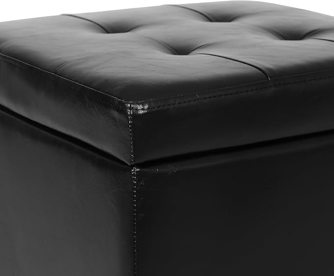 Adeco Modern Tufted Faux Leather Storage Ottoman with Wheels | 18.8" Square Rolling Footrest Stool & Vanity Seat for Living Room, Bedroom, Dorm | Hinged Lid, Black