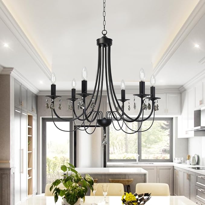 Black Chandeliers for Dining Room 6-Light Pendant Lights Modern Candle Chandelier with Brown Crystal Elegant Ceiling Lighting Fixtures Height Adjustable