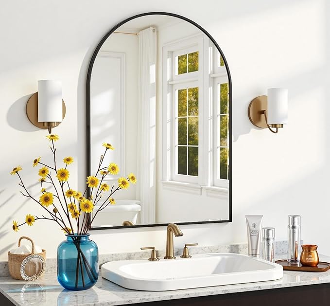 Wall Mounted Mirror, 20"x30" Arched Wall Bathroom Mirror, Black Vanity Wall Mirror with Metal Frame, Modern & Contemporary Arch Top Wall Mirror for Bedroom, Entryway, Living Room, Black