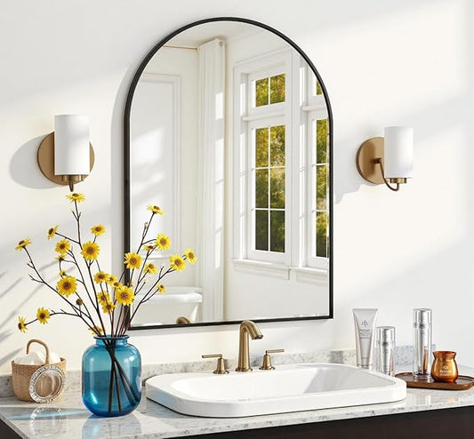 Wall Mounted Mirror, 20"x30" Arched Wall Bathroom Mirror, Black Vanity Wall Mirror with Metal Frame, Modern & Contemporary Arch Top Wall Mirror for Bedroom, Entryway, Living Room, Black