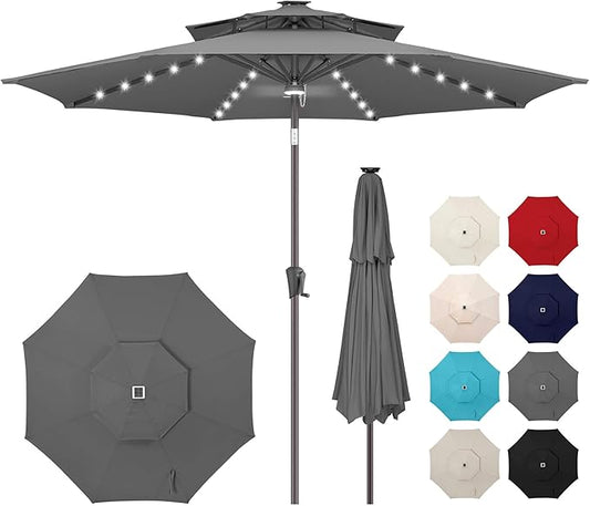 9FT Solar Umbrella Outdoor - 2-Tier Lighted Solar Patio Umbrella with 40 LED Lights Waterprool UV Protection, Table Umbrella with Tilt for Pool, Porch, Garden, Backyard (Anthracite)