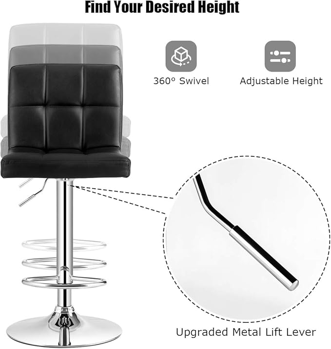 COSTWAY Adjustable Bar Stools Set of 2, Modern Swivel PU Leather Bar Chair with Backrest, Soft Cushioned Seat, Footrest, Sturdy Metal Frame, Comfortable Barstools for Kitchen Island, Pub, Black