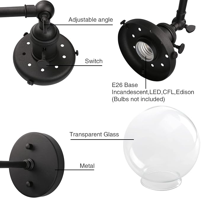 PERMO Vintage Industrial Wall Sconce Lighting Fixture with 5.9" Round Clear Glass Globe Hand Blown Shade (Black)