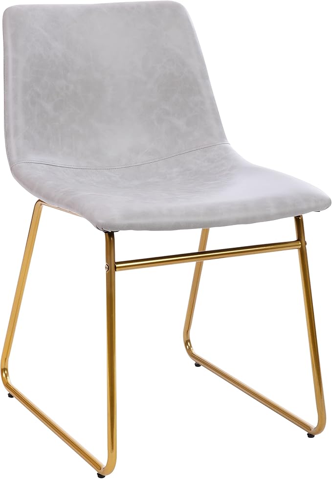 Taylor & Logan Butler 18 inch Dining Table Height Chair, Mid-Back Sled Base Dining Chair in Light Gray Faux Leather with Gold Frame, Set of 2