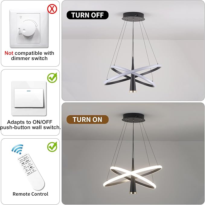 Modern LED Chandelier, Dimmable 20in Black Kitchen Pendant Light Fixture Dining Room Lights Ceiling Hanging, 2 Ring Round Chandeliers for Bedroom Living Room Staircase Over Table (3360lm)
