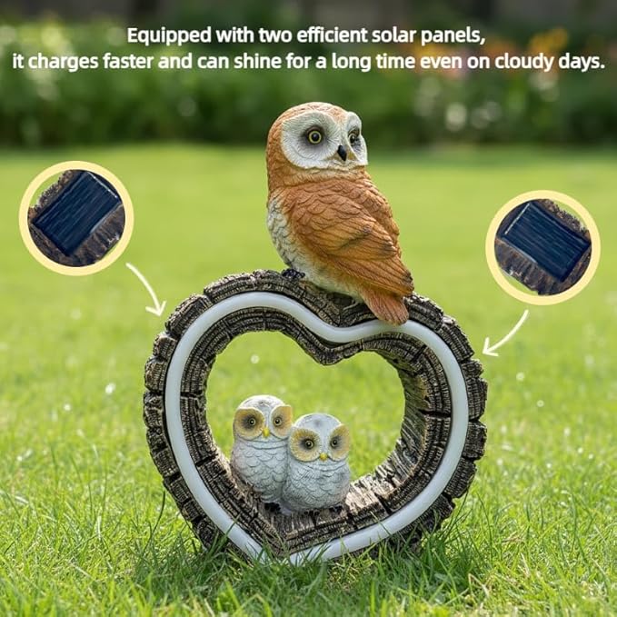 Solar Garden Owl Statue with Love Heart Light, Outdoor Decor for Yard Art Lawn Ornaments Porch Patio Balcony Home for Grandma Mom Women, with Dual Solar Panels Warm Garden Light