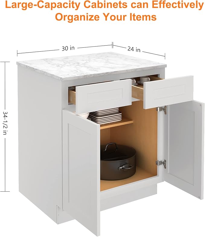 LOVMOR Kitchen Base Cabinets, Sideboard Storage Cabinet, Entryway Cabinet with 2-Drawers & Adjustable Shelf, 30" W X 24" D X 34-1/2"H (Light Gray)