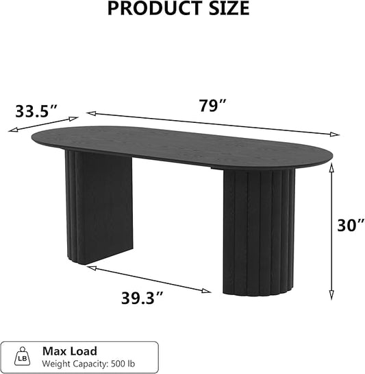 Casaphoria 79" Oval Dining Table, Modern Wood Kitchen Table with Cylinder Stripe Convex Base for Living Room & Dining Room, Easy Assembly Farmhouse Furniture for 6-8, Black