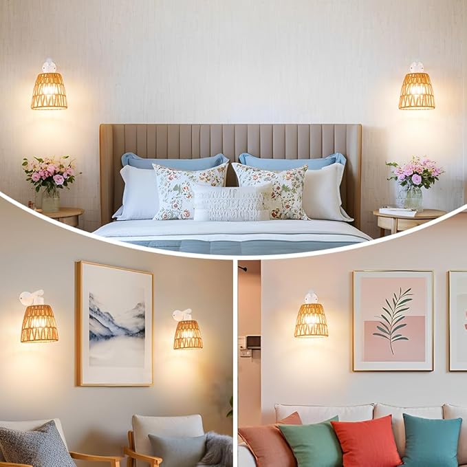 Battery Operated Wall Sconce Set of 2, Boho USB Rechargeable Wall lamp, White Farmhouse Rattan Sconce Lighting with Remote, RGB 15 Colors Modes Rechargeable Wall Lights for Bedroom Livingroom Hallway