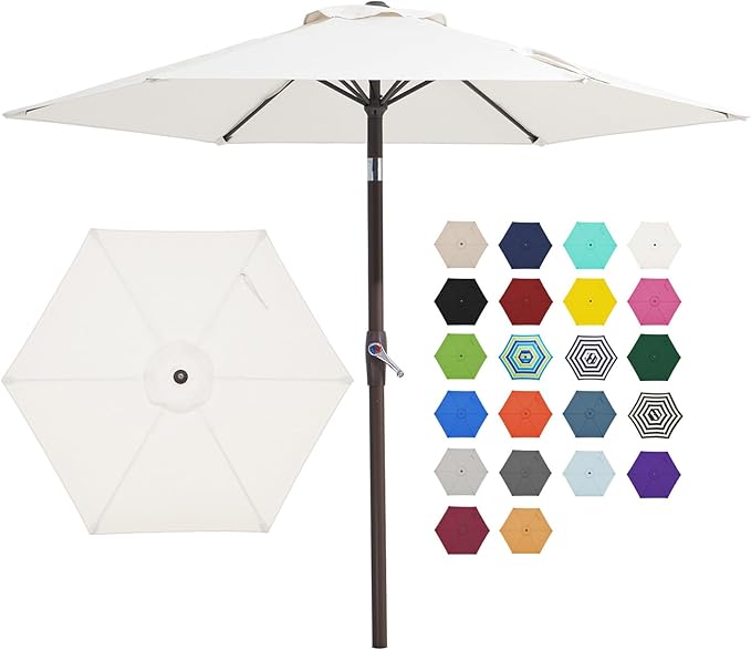 JEAREY 7.5FT Patio Umbrella Outdoor Market Umbrella with 6 Sturdy Ribs, Push Button Tilt/Crank Table Umbrella for Garden, Deck, Backyard and Pool, Off-White