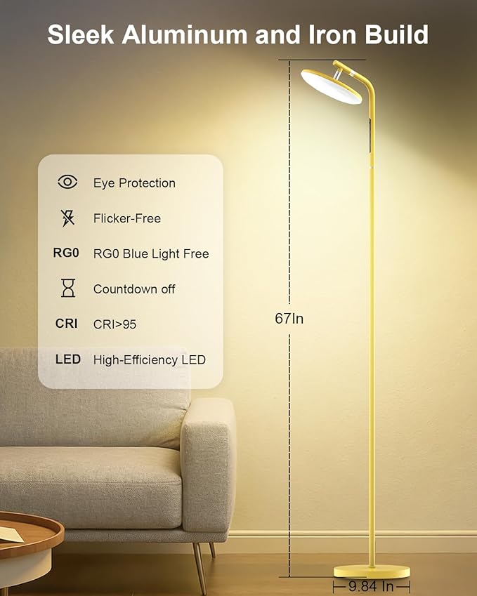 LED Floor Lamp, 32W Super Bright Standing Lamp with Remote Control, Modern Dimmable 69" Torchiere Tall Lamp, 350°Rotating Head Reading Floor Lamp for Living Room, Bedroom, Office, Gold