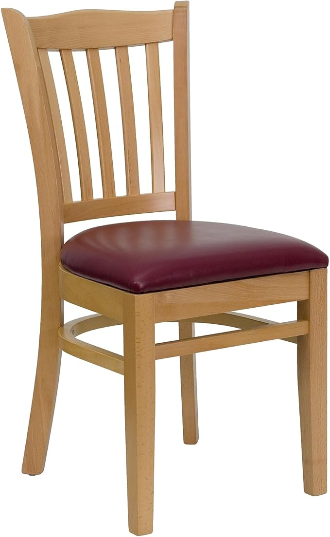 Flash Furniture 2 Pk. HERCULES Series Vertical Slat Back Natural Wood Restaurant Chair - Burgundy Vinyl Seat