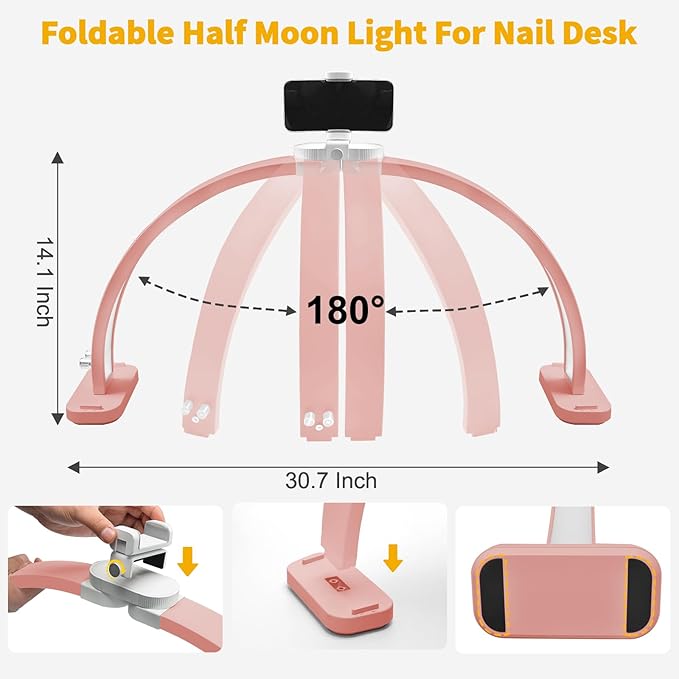 CGBE Half-Moon Nail Light for Desk : Professional Manicurist Table Lamp for Nail Salon Lighting and Eyelash Extensions with Phone Holder - Extra Large 30.7" Craft Desk Light - Pink