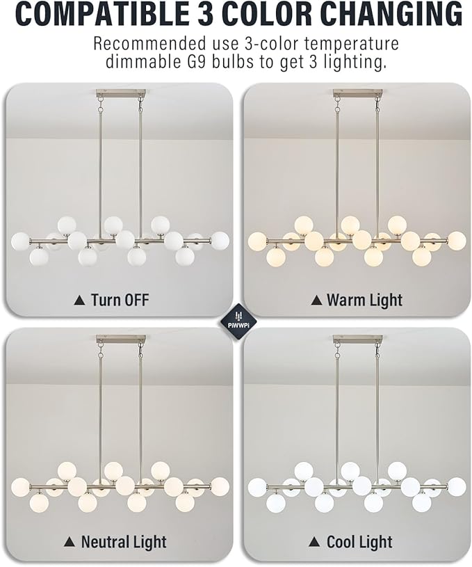 55" Long Chandeliers for Dining Room Kitchen Island, Large Globe Sputnik Linear Chandelier, 16 Lights Mid Century Modern Light Fixture Over Table,Nickel and Milk White Bubble, GC-08