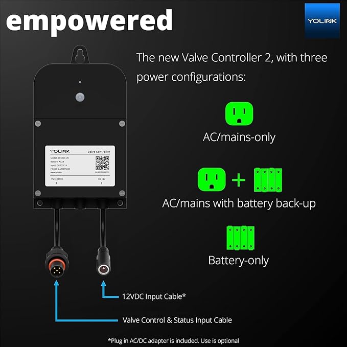 YoLink Wireless Smart Valve Control Kit, 1" Brass Motorized Valve, Wireless Controller 2, LoRa Long Range, D2D Offline with Leak Sensors, 12V Adapter with 2 Years Battery Backup