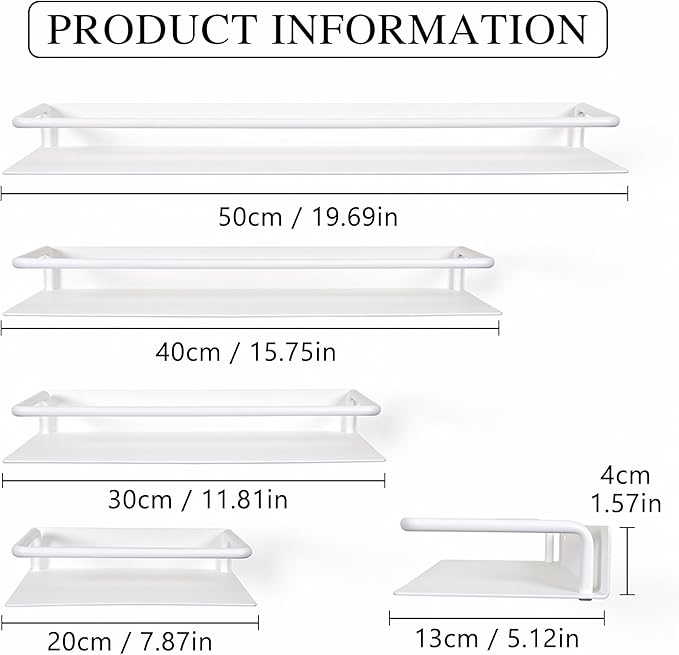 Metal Wall Shelf, Metal Floating Shelf, Black Floating Shelf, Small Shelf for Wall, Display Shelves for Bathroom Bedroom Kitchen (White, 12Inch)